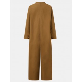 Solid Color Plain Button Pocket Long Sleeve Casual Jumpsuit for Women