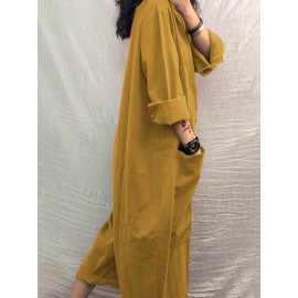 Solid Color Plain Button Pocket Long Sleeve Casual Jumpsuit for Women