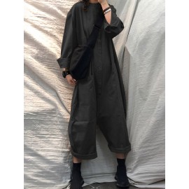 Solid Color Plain Button Pocket Long Sleeve Casual Jumpsuit for Women