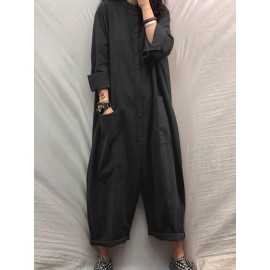 Solid Color Plain Button Pocket Long Sleeve Casual Jumpsuit for Women