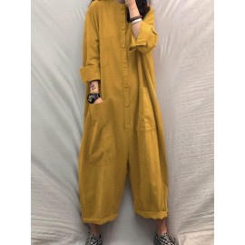 Solid Color Plain Button Pocket Long Sleeve Casual Jumpsuit for Women