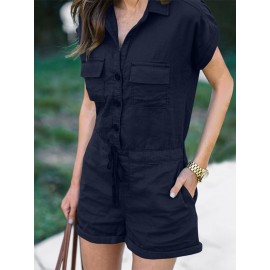 Solid Button Pocket Drawstring Lapel Romper