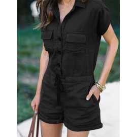 Solid Button Pocket Drawstring Lapel Romper