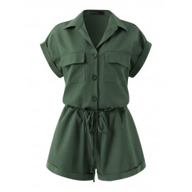 Solid Button Pocket Drawstring Lapel Romper