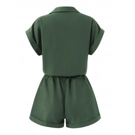 Solid Button Pocket Drawstring Lapel Romper