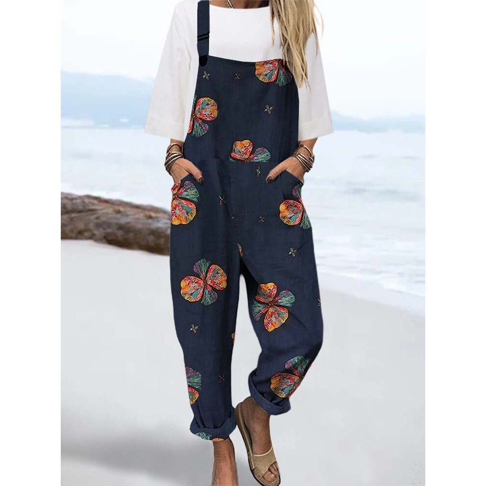 Women Colorful Floral Print Cotton Overall Jumpsuit With Pocket Women Colorful Floral Print Cotton Overall Jumpsuit With Pocket