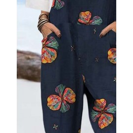 Women Colorful Floral Print Cotton Overall Jumpsuit With Pocket Women Colorful Floral Print Cotton Overall Jumpsuit With Pocket