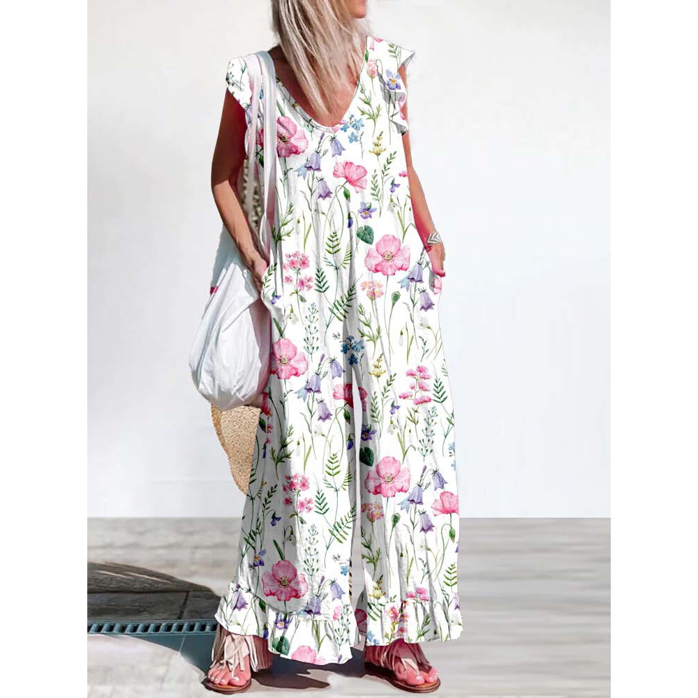Women Floral Plant Print V-Neck Ruffle Sleeveless Jumpsuit Women Floral Plant Print V-Neck Ruffle Sleeveless Jumpsuit