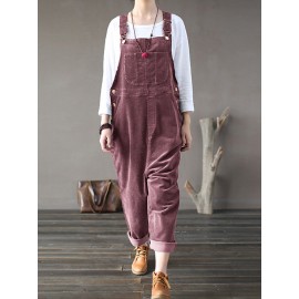 Solid Color Button Pockets Sleeveless Corduroy Jumpsuits