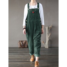 Solid Color Button Pockets Sleeveless Corduroy Jumpsuits
