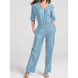 Women Solid V-Neck Shirred Waist Half Sleeve Denim Jumpsuit Women Solid V-Neck Shirred Waist Half Sleeve Denim Jumpsuit