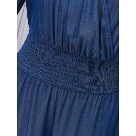 Women Solid V-Neck Shirred Waist Half Sleeve Denim Jumpsuit Women Solid V-Neck Shirred Waist Half Sleeve Denim Jumpsuit