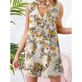 Plant Print Pocket Button Sleeveless V Neck Casual Cotton Romper Plant Print Pocket Button Sleeveless V Neck Casual Cotton Romper
