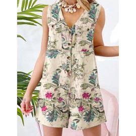 Plant Print Pocket Button Sleeveless V Neck Casual Cotton Romper