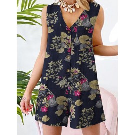 Plant Print Pocket Button Sleeveless V Neck Casual Cotton Romper