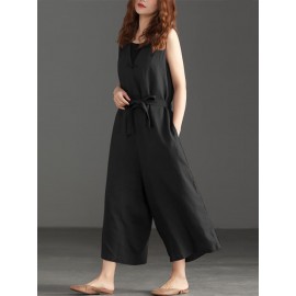 Women V-neck Belted Flare  Overalls Jumpsuits