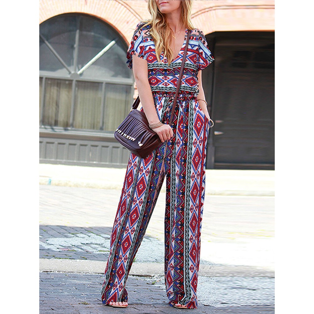 Women Bohemian Geometric Print V-Neck Short Sleeve Jumpsuit Women Bohemian Geometric Print V-Neck Short Sleeve Jumpsuit