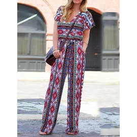 Women Bohemian Geometric Print V-Neck Short Sleeve Jumpsuit Women Bohemian Geometric Print V-Neck Short Sleeve Jumpsuit