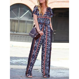 Women Bohemian Geometric Print V-Neck Short Sleeve Jumpsuit Women Bohemian Geometric Print V-Neck Short Sleeve Jumpsuit
