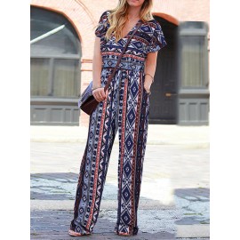Women Bohemian Geometric Print V-Neck Short Sleeve Jumpsuit Women Bohemian Geometric Print V-Neck Short Sleeve Jumpsuit