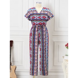 Women Bohemian Geometric Print V-Neck Short Sleeve Jumpsuit Women Bohemian Geometric Print V-Neck Short Sleeve Jumpsuit
