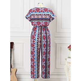 Women Bohemian Geometric Print V-Neck Short Sleeve Jumpsuit Women Bohemian Geometric Print V-Neck Short Sleeve Jumpsuit