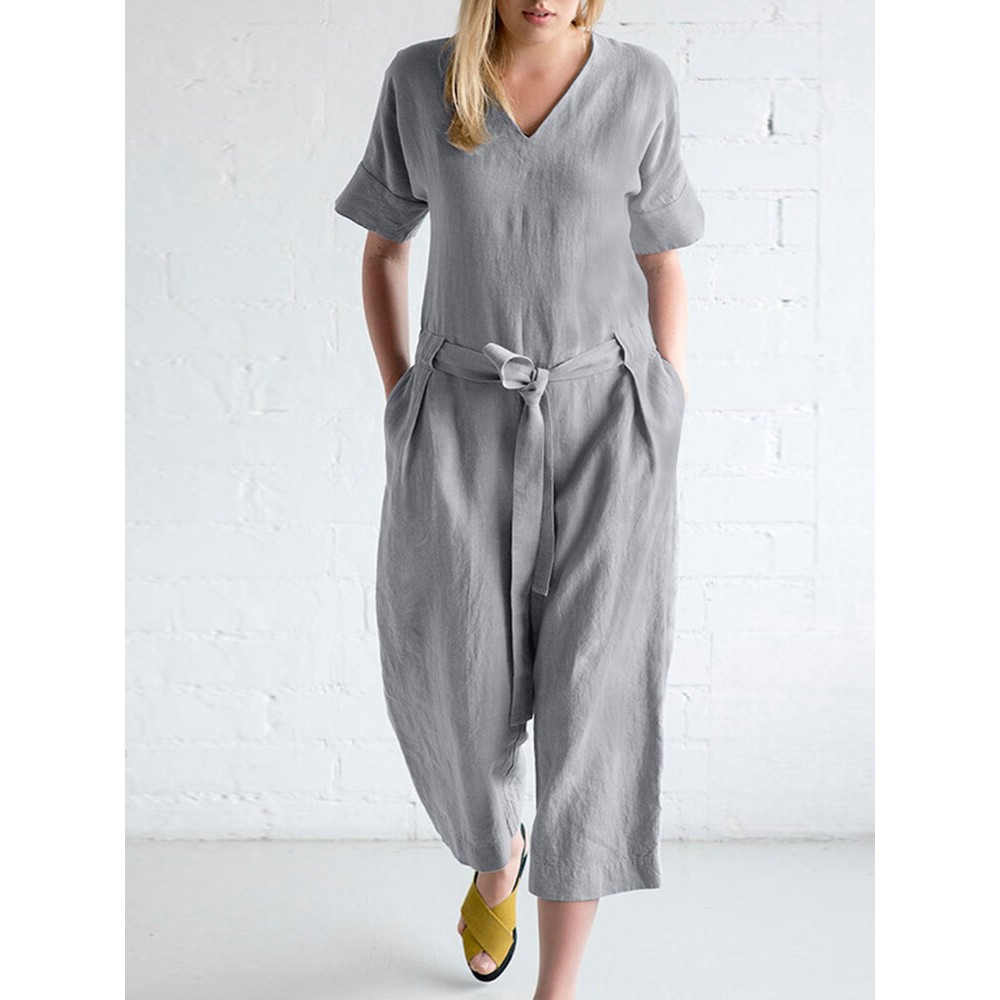 Women Solid V-Neck Cotton Short Sleeve Belted Jumpsuit Women Solid V-Neck Cotton Short Sleeve Belted Jumpsuit