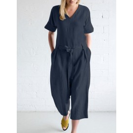 Women Solid V-Neck Cotton Short Sleeve Belted Jumpsuit Women Solid V-Neck Cotton Short Sleeve Belted Jumpsuit