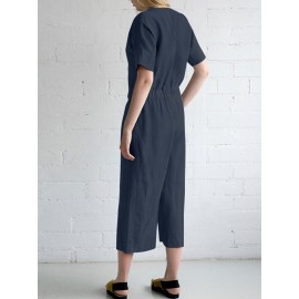 Women Solid V-Neck Cotton Short Sleeve Belted Jumpsuit Women Solid V-Neck Cotton Short Sleeve Belted Jumpsuit