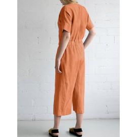 Women Solid V-Neck Cotton Short Sleeve Belted Jumpsuit Women Solid V-Neck Cotton Short Sleeve Belted Jumpsuit