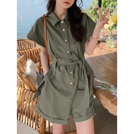 Solid Belt Button Front Pocket Short Sleeve Lapel Cargo Romper