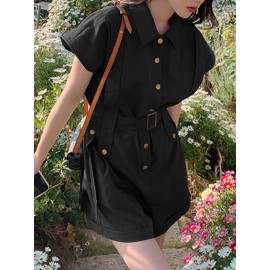 Solid Belt Button Front Pocket Short Sleeve Lapel Cargo Romper