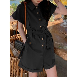 Solid Belt Button Front Pocket Short Sleeve Lapel Cargo Romper