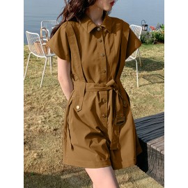 Solid Belt Button Front Pocket Short Sleeve Lapel Cargo Romper
