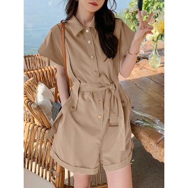 Solid Belt Button Front Pocket Short Sleeve Lapel Cargo Romper