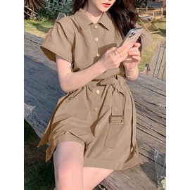 Solid Belt Button Front Pocket Short Sleeve Lapel Cargo Romper
