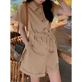 Solid Belt Button Front Pocket Short Sleeve Lapel Cargo Romper