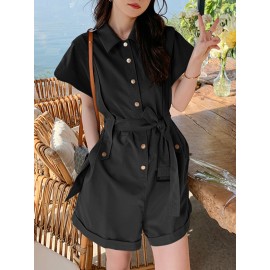 Solid Belt Button Front Pocket Short Sleeve Lapel Cargo Romper