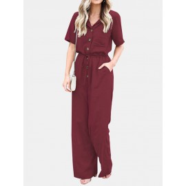 Solid Color Lapel Collar Button Short Sleeve Jumpsuit With Pocket Solid Color Lapel Collar Button Short Sleeve Jumpsuit With Pocket
