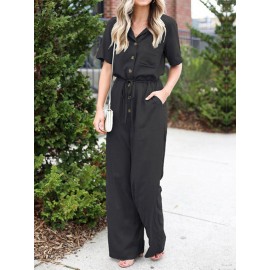 Solid Color Lapel Collar Button Short Sleeve Jumpsuit With Pocket