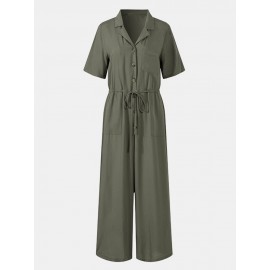 Solid Color Lapel Collar Button Short Sleeve Jumpsuit With Pocket