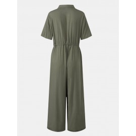 Solid Color Lapel Collar Button Short Sleeve Jumpsuit With Pocket