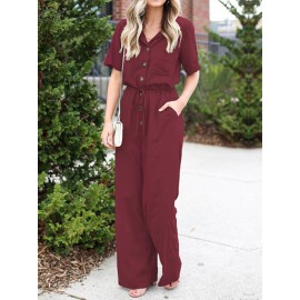 Solid Color Lapel Collar Button Short Sleeve Jumpsuit With Pocket