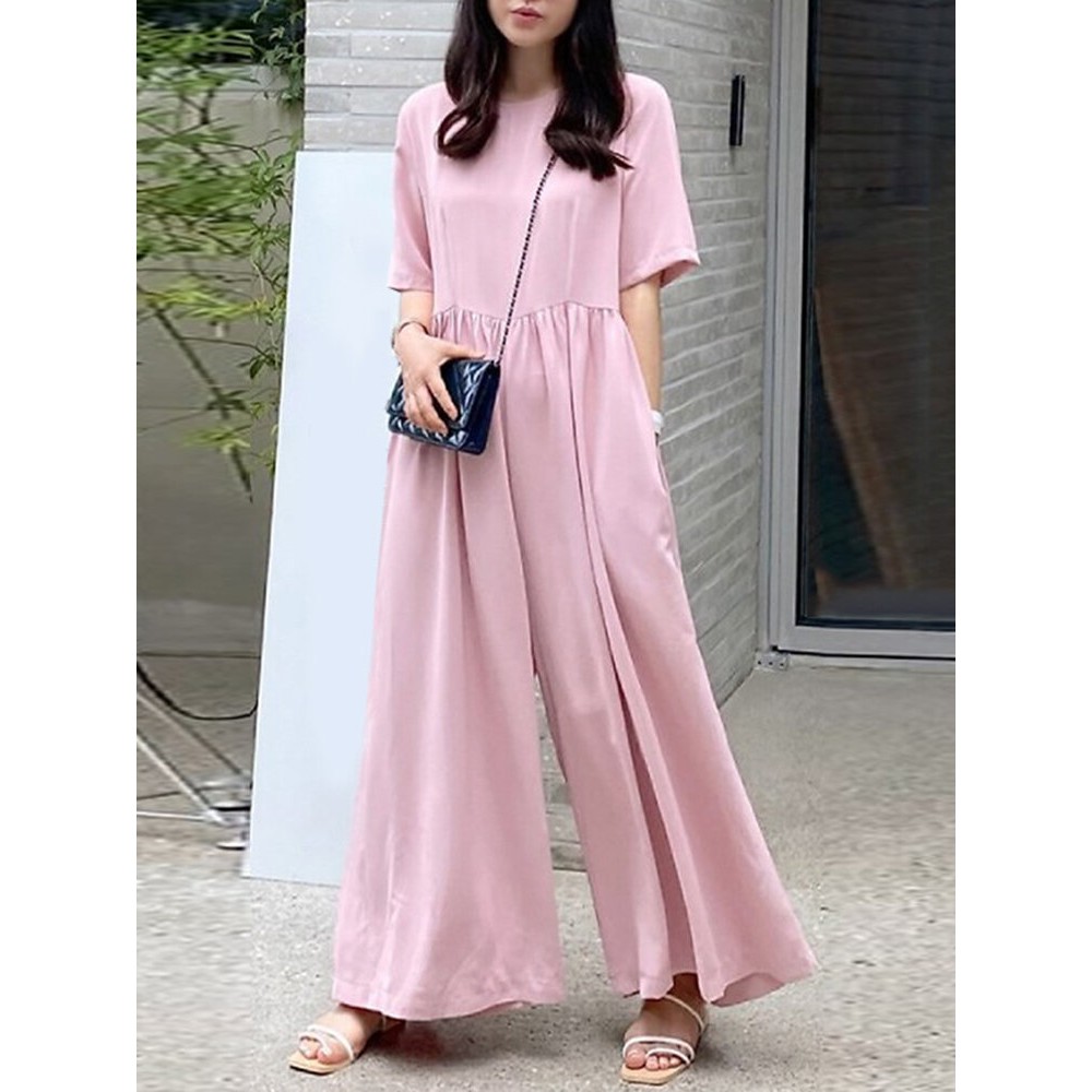 Women Solid Pleated Short Sleeve Wide Leg Jumpsuit Women Solid Pleated Short Sleeve Wide Leg Jumpsuit