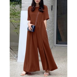 Women Solid Pleated Short Sleeve Wide Leg Jumpsuit Women Solid Pleated Short Sleeve Wide Leg Jumpsuit