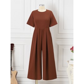 Women Solid Pleated Short Sleeve Wide Leg Jumpsuit Women Solid Pleated Short Sleeve Wide Leg Jumpsuit