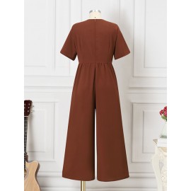 Women Solid Pleated Short Sleeve Wide Leg Jumpsuit Women Solid Pleated Short Sleeve Wide Leg Jumpsuit