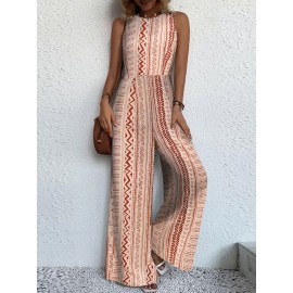 Women Geometric Print Crew Neck Sleeveless Bohemian Wide Leg Jumpsuit Women Geometric Print Crew Neck Sleeveless Bohemian Wide Leg Jumpsuit