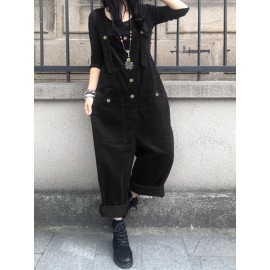 Solid Color Button Pocket Sleeveless Casual Corduroy Jumpsuit for Women