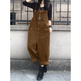Solid Color Button Pocket Sleeveless Casual Corduroy Jumpsuit for Women